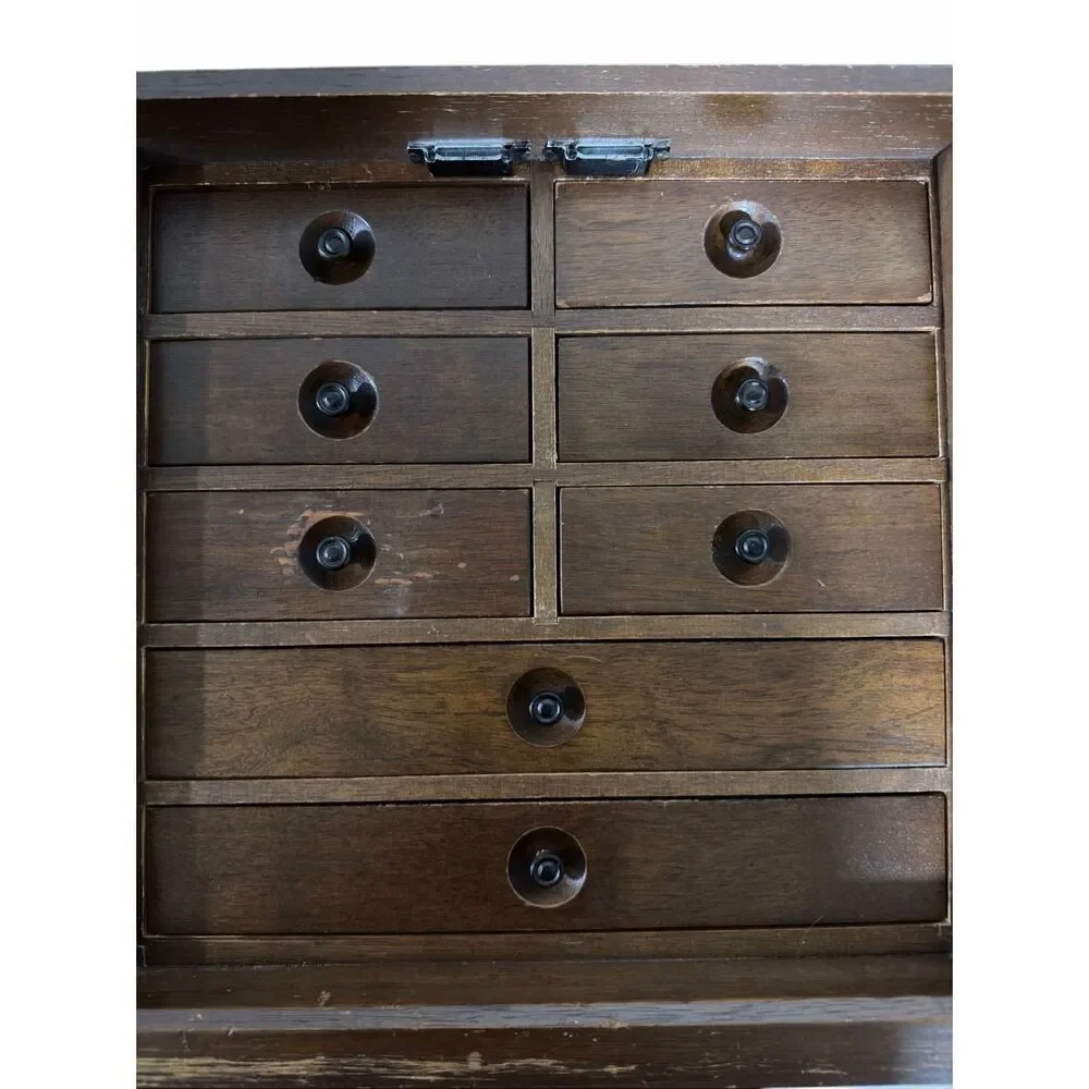 Vintage Antique Japanese Handcrafted Wood Tansu Jewelry  Chest Box 11.75”